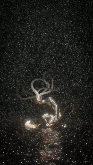 A dark, atmospheric digital artwork featuring a glowing humanoid figure with tentacle-like hair kneeling in a star-speckled void above a reflective pool.