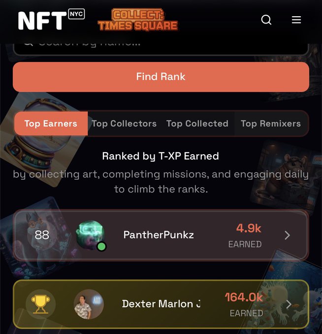 NFT NYC Collect Times Square leaderboard displaying Top Earners ranked by T-XP earned, showing PantherPunkz in 88th place with 4.9k earned.