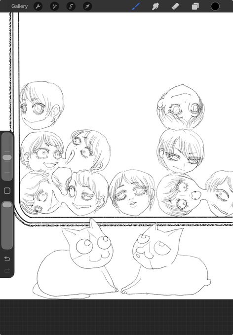 A digital sketch on a drawing app showing a collection of anime-style character face studies in a tray, with two cat drawings sketched below it.