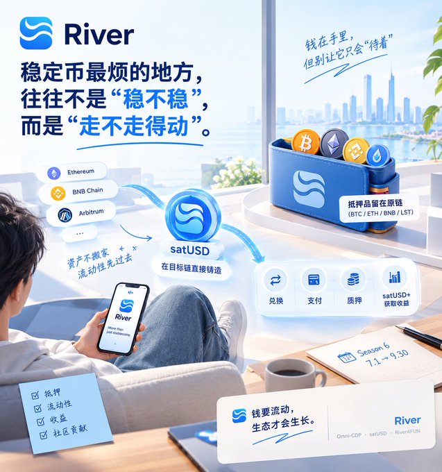 An advertisement for the cryptocurrency platform 'River' featuring text in Chinese, promoting 'satUSD' and mentioning blockchains like Ethereum, BNB Chain, and Arbitrum, along with a Season 6 promotion running 7.1-9.30.