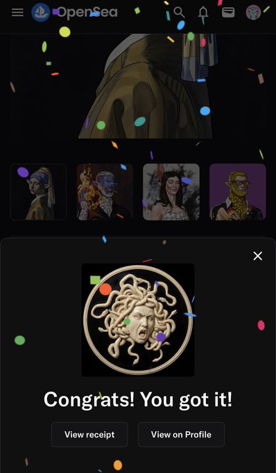 A screenshot of the OpenSea mobile app displays a "Congrats! You got it!" confirmation screen featuring the Medusa NFT from @theiconsart collection, with confetti animating across the screen and buttons to "View receipt" or "View on Profile," celebrating a successful mint.