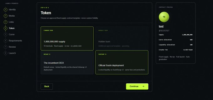 A dark-themed token launch interface displaying 'Token' configuration with a 1,000,000,000 supply, ticker 'TE', name 'test', and details about 'The Incumbent DEX' deployment on Uniswap v3.