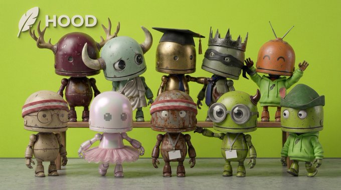 A collection of colorful designer art toys with various character designs is displayed, with the 'HOOD' logo visible in the upper left corner.