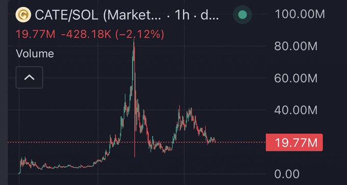 A 1-hour CATE/SOL candlestick chart on a DEX screener showing a current price of 19.77M SOL (down -2.12%) with volume bars ranging from 0 to 100M, illustrating a prior vertical spike toward 80M+ that supports the post's bullish thesis of an imminent "parabolic" breakout and a target of "hundreds of millions" in market cap.