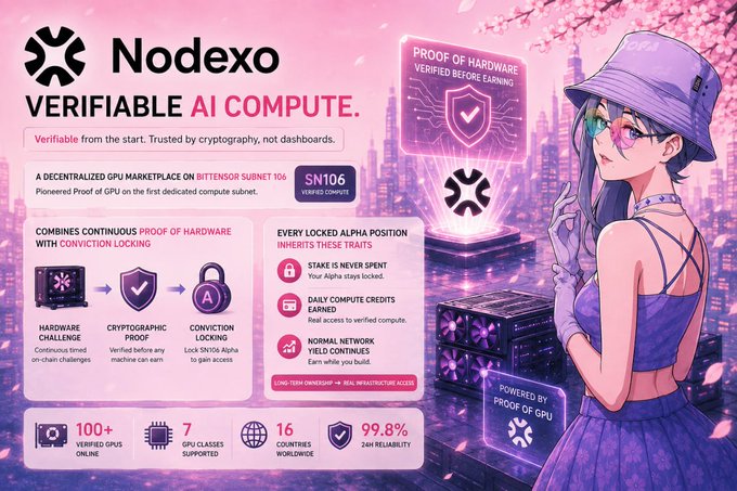 A promotional graphic for **Nodexo** featuring an anime-style character in purple beside key stats: "100+ Verified GPUs Online," "7 GPU Classes Supported," "16 Countries Worldwide," and "99.8% 24H Reliability." The design highlights their decentralized GPU marketplace on **Bittensor Subnet 106 (SN106)**, emphasizing "Proof of Hardware Verified Before Earning" and cryptographic verification over dashboard trust—aligning perfectly with the post's message about provable AI compute.