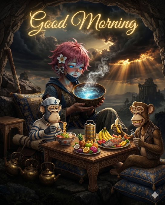 The image features a cartoon scene with three monkeys sitting around a table filled with food items such as bananas, apples, and oranges. One of the monkeys appears to be holding a bowl containing fruit. A banner above them reads "Good Morning" followed by the phrase "Good morning ladies and gentlemen @useTria is working on simplifying how people move across Web3 by combining trading, payments, and custody into one smoother experience instead of scattered tools." The image also includes text that says "@TheARCTERMINAL is building an AI-native environment where workflows, memory," which could be a reference to the cartoon or some other context related to the post.