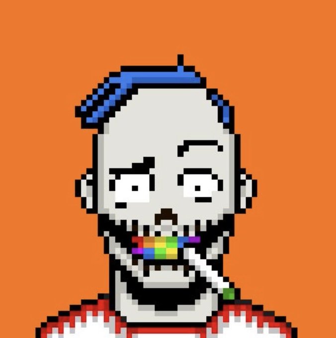 A pixel art portrait of a pale character with a beard, wearing a blue beret and holding a colorful Rubik's cube in his mouth against an orange background.