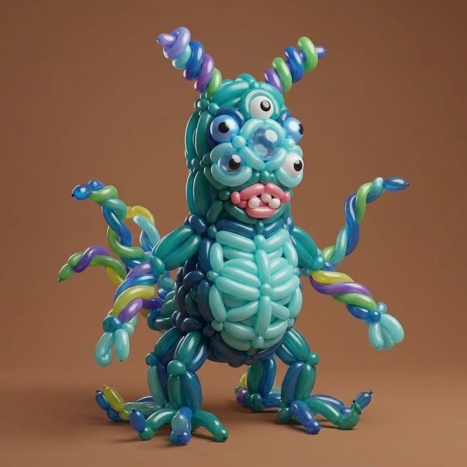 A sculptural figure constructed from colorful twisted balloons in shades of teal, blue, green, and purple, featuring multiple eyes and an open mouth with teeth.