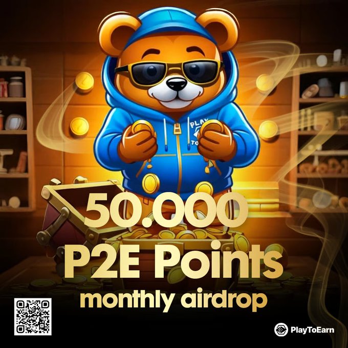 A cartoon bear in a blue hoodie and sunglasses stands behind an overflowing treasure chest of gold coins, with text overlay announcing a "50,000 P2E Points monthly airdrop" alongside a QR code and the PlayToEarn logo. The image visually reinforces the post's promotion of a 50,000 P2E Point airdrop giveaway with Solana and gift card prizes redeemable through Gleam.