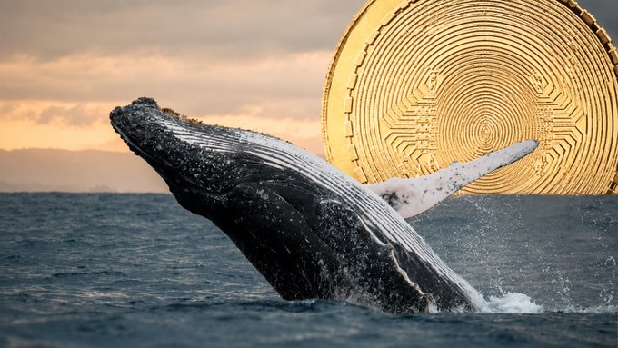 A breaching humpback whale leaps out of the ocean against a sunset sky, with a large golden cryptocurrency coin superimposed in the background.