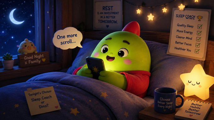 A 3D-rendered illustration of a cute green blob character in pajamas lying in bed at night scrolling on a phone saying 'One more scroll...', surrounded by signs promoting 'Sleep Coach' and 'REST IS AN INVESTMENT IN A BETTER TOMORROW.'