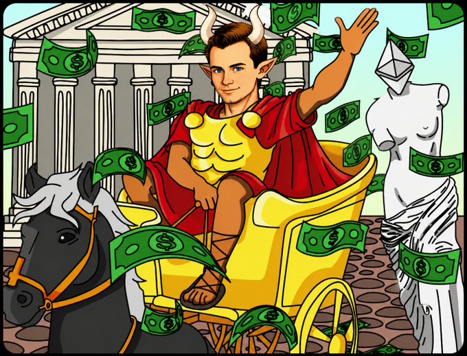 Memetic image of the god Mars winning the lottery and immediately squandering a year's worth of income spent on concert tickets, marijuana, and caravans for his concubines.