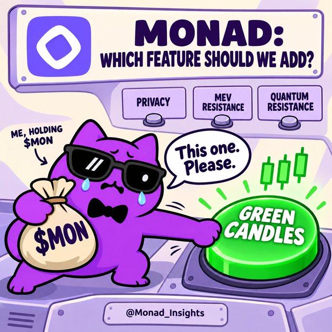 Cartoon meme featuring a purple cat in sunglasses holding a money bag labeled '$MON' pressing a green 'GREEN CANDLES' button on a control panel asking 'MONAD: WHICH FEATURE SHOULD WE ADD?' with options Privacy, MEV Resistance, and Quantum Resistance.