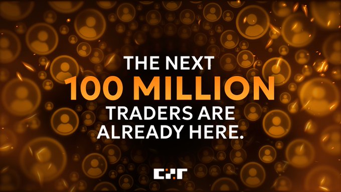 A promotional graphic with an orange background featuring user profile icons and the text "THE NEXT 100 MILLION TRADERS ARE ALREADY HERE" alongside the CXT logo.