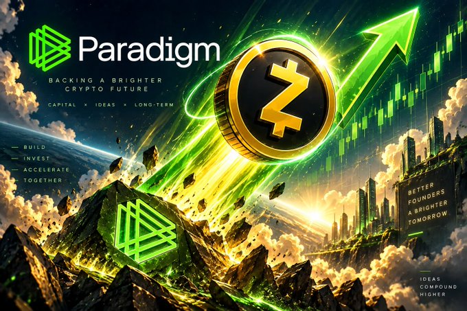 A vibrant promotional graphic for 'Paradigm' featuring a golden Z-cryptocurrency coin with a green upward arrow, set against a dramatic sky with city and mountain elements, with text 'BACKING A BRIGHTER CRYPTO FUTURE' and 'IDEAS COMPOUND HIGHER'.