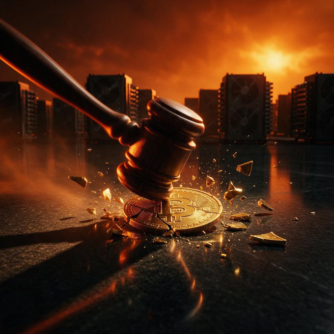 A dramatic 3D render of a judge's gavel striking and shattering a Bitcoin coin, set against an orange city skyline at sunset.