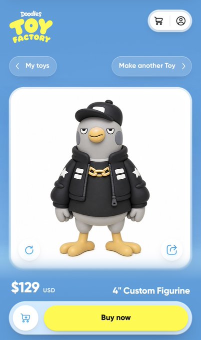 A Doodles Toy Factory app screen showing a custom 4-inch figurine of a bird-like character wearing a black cap, jacket, and gold chain, priced at $129 USD with a 'Buy now' button.