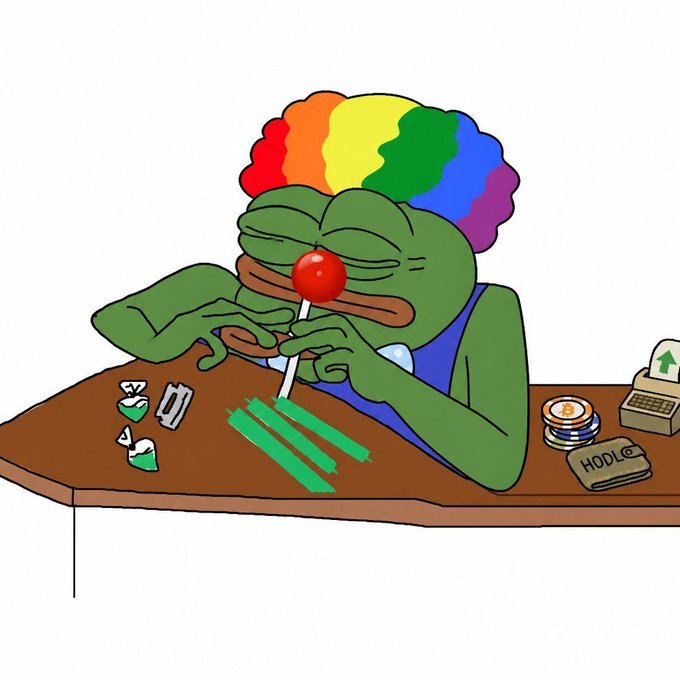 A cartoon Pepe the Frog character with a rainbow afro sits at a desk snorting lines of green powder through a red lollipop, with a razor blade, rolled bill, coins, and an 'HODL' wallet nearby.
