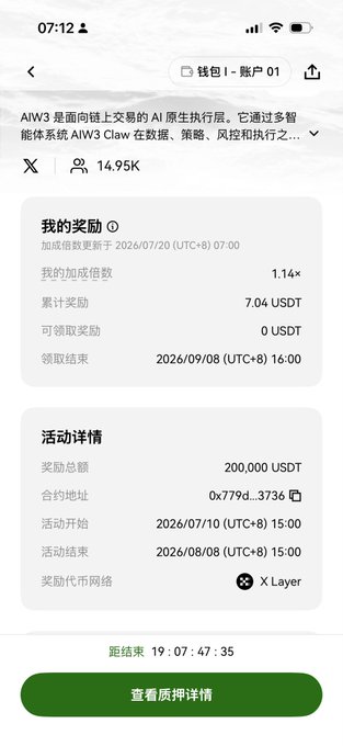A mobile app screenshot in Chinese showing an AIW3 prediction market promotion with 14.95K participants, a reward pool of 200,000 USDT, and accumulated rewards of 7.04 USDT.