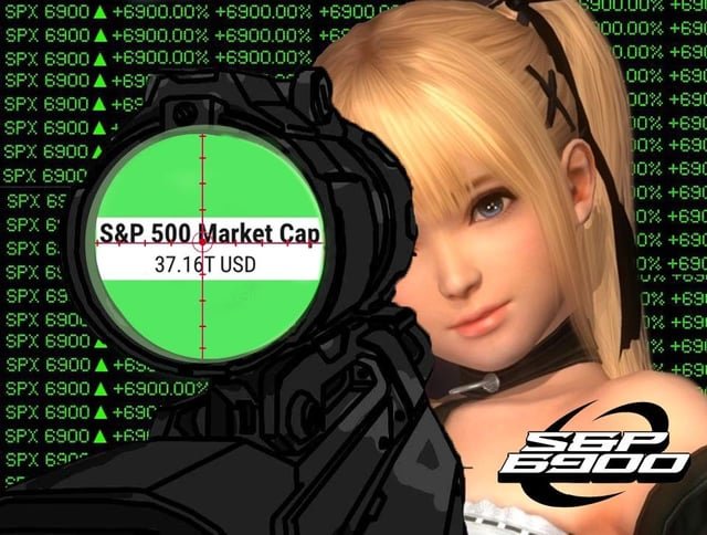 A digital artwork featuring a sniper scope crosshairs centered on 'S&P 500 Market Cap 37.16T USD', with an anime-style blonde female character on the right and repeated 'SPX 6900 +6900.00%' ticker text in green.