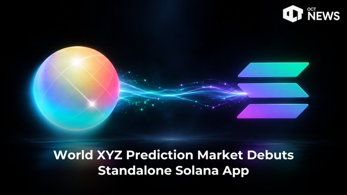 A news graphic from 'OCT NEWS' announcing 'World XYZ Prediction Market Debuts Standalone Solana App,' featuring a colorful sphere and the Solana logo connected by glowing light trails.
