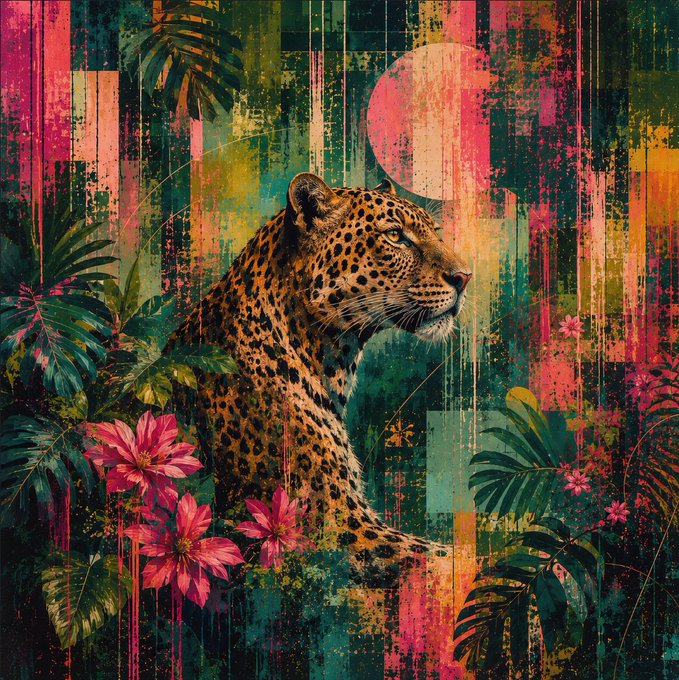Vibrant artistic illustration of a leopard amid tropical foliage and pink flowers, rendered in a colorful, textured mixed-media style with vertical pink and teal stripes.