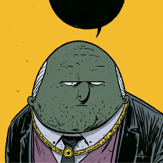 Comic-style illustration of a bald, heavyset man in a black suit with a gold chain on a yellow background with a black speech bubble above him.