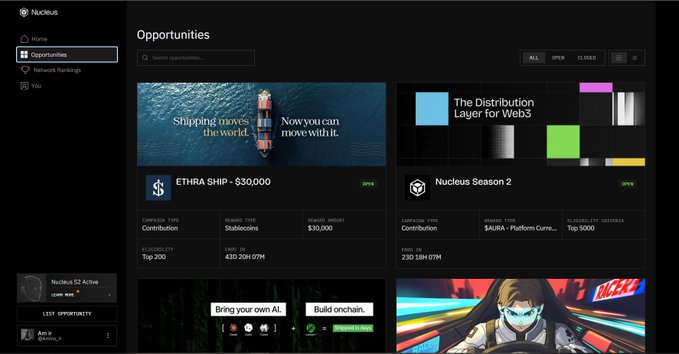 A dark-themed dashboard for Nucleus platform displaying an 'Opportunities' page with listings for 'ETHRA SHIP - $30,000' and 'Nucleus Season 2' top 5000.