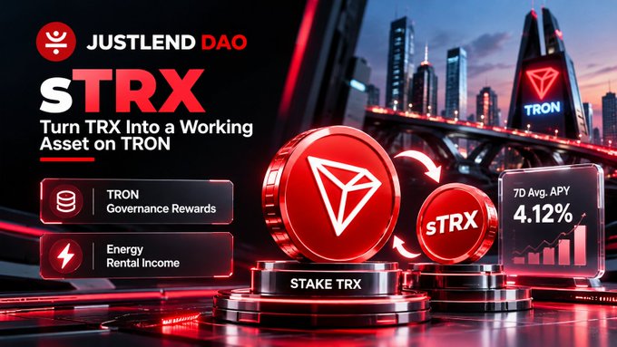 A promotional banner for JustLend DAO advertising STRX (staked TRX), featuring the text 'Turn TRX Into a Working Asset on TRON' with benefits including TRON Governance Rewards, Energy Rental Income, and a 7D Avg. APY of 4.12%.