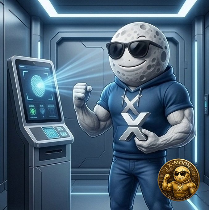 An AI-generated illustration shows a muscular cartoon character with a moon head, wearing sunglasses and a blue hoodie with the XRP logo, standing next to a fingerprint scanner; a gold coin in the corner reads 'X-MOON' and 'TO THE MOON TOGETHER'.