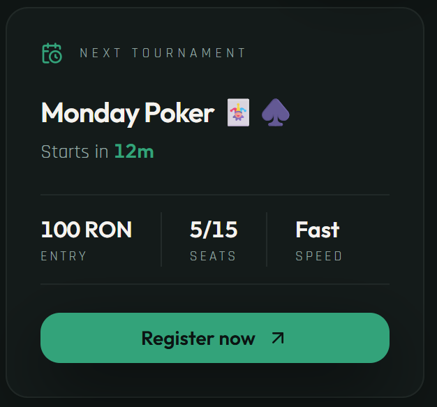 A poker tournament notification for 'Monday Poker' starting in 12 minutes, with a 100 RON entry, 5/15 seats, fast speed, and a 'Register now' button.