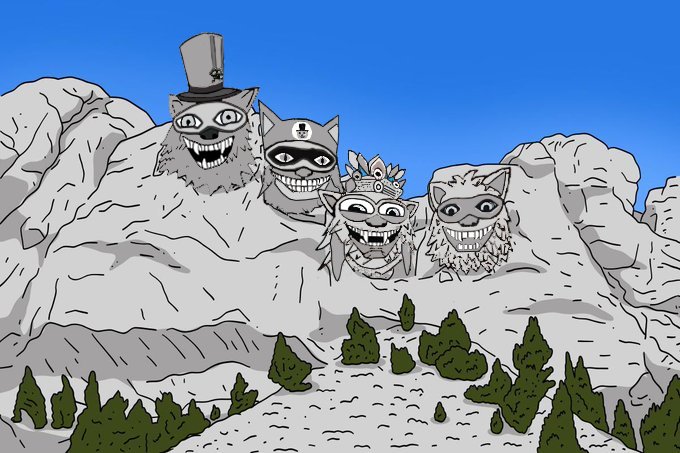 A grayscale drawing of Mount Rushmore reimagined with four cartoon raccoon/skunk-like creatures with grinning faces carved into the mountain, with green pine trees at the base.