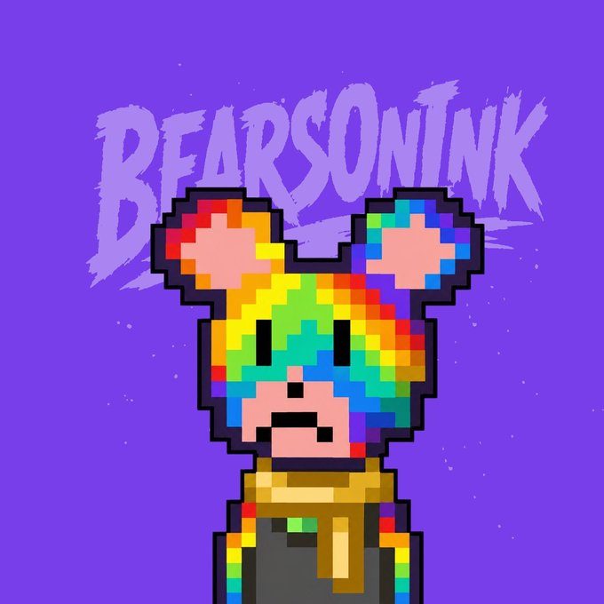 A pixel-art, rainbow-colored bear character wearing a gold hoodie is displayed against a purple background with the stylized text "BEARSONINK" behind it, representing the @BearsOnInk NFT collection being promoted in the giveaway post.