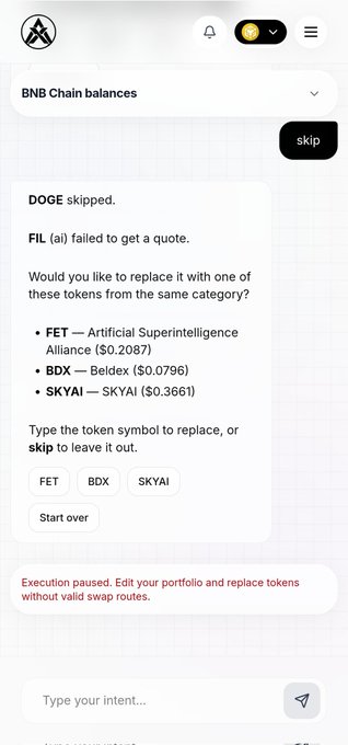 In this image, there's a screenshot of an app interface showing a chat conversation with someone about BNB Chain balances and rebalancing. The person has requested that you quote their quote or type your intent before proceeding with any actions related to BNB Chain balances on their portfolio. There is a red error message on the screen indicating that one of the tokens removed from their portfolio was not included in the quote. This interaction appears to be taking place on a phone device, and the user has provided a link for accessing the quote or intent.