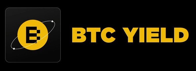A logo featuring a stylized yellow 'B' on a black background with an orbital ring, accompanied by the text 'BTC YIELD' in bold yellow letters.