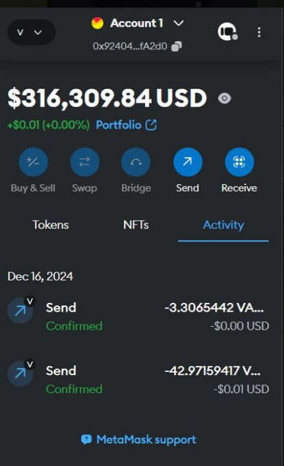 A MetaMask wallet screenshot showing "Account 1" with a balance of $316,309.84 USD and activity history displaying two confirmed Send transactions on Dec 16, 2024, visually supporting the post's claim about a $316K airdrop payout.