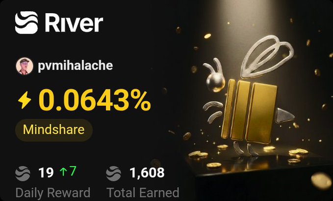 A River app dashboard showing a mindshare of 0.0643% for user 'pvmihalache', with 19 daily reward and 1,608 total earned, alongside a 3D gold 'S' icon.