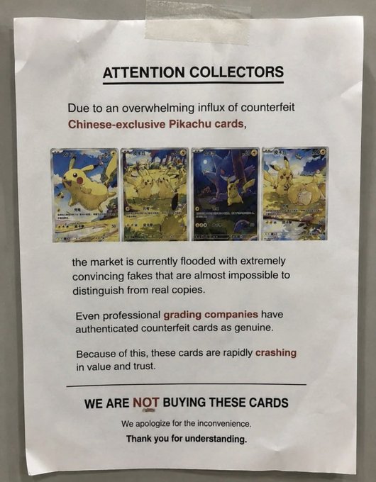 A printed notice addressed to 'ATTENTION COLLECTORS' warning about counterfeit Chinese-exclusive Pikachu Pokémon cards flooding the market, stating the shop is no longer buying them, with four example card images shown.