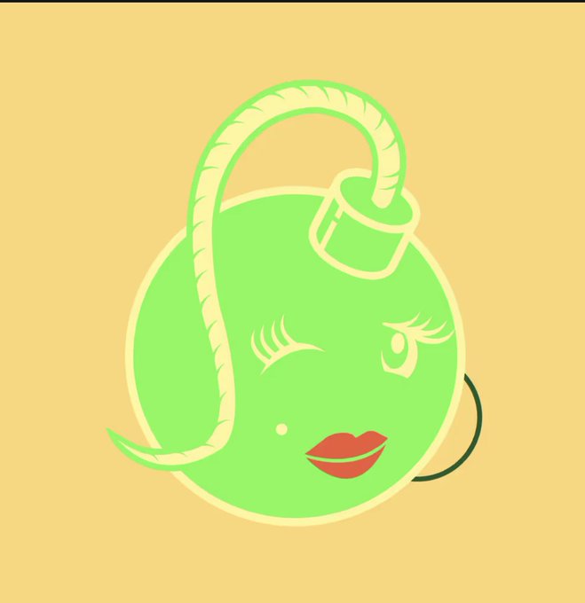 An illustration of a green spherical bomb character with feminine features including red lips, long eyelashes, a braided fuse styled as hair, and a small candle on top.