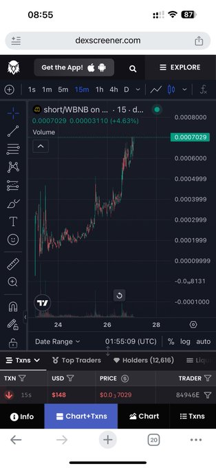 A mobile screenshot from dexscreener.com showing a 15-minute candlestick chart for 'short/WBNB' with a price of approximately 0.0007029 and a 4.63% gain.