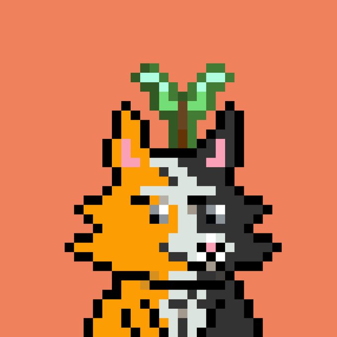 A pixel art cat with orange, gray, and white fur features a small green plant sprouting from the top of its head, set against a coral-orange background—illustrating the "partnership forged in pixels" theme as a creative digital art collaboration.