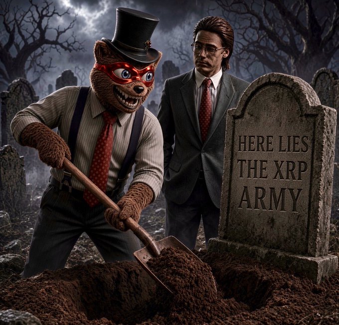 Digital artwork showing a menacing bear in a top hat and red mask holding a shovel next to a man in a suit, standing by a grave marked 'HERE LIES THE XRP ARMY'.