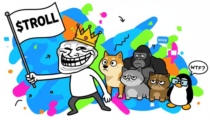 A cartoon illustration featuring a troll face character wearing a crown holding a '$TROLL' flag, with a group of confused meme animals including a doge, gorilla, cat, grumpy cat, and penguin.