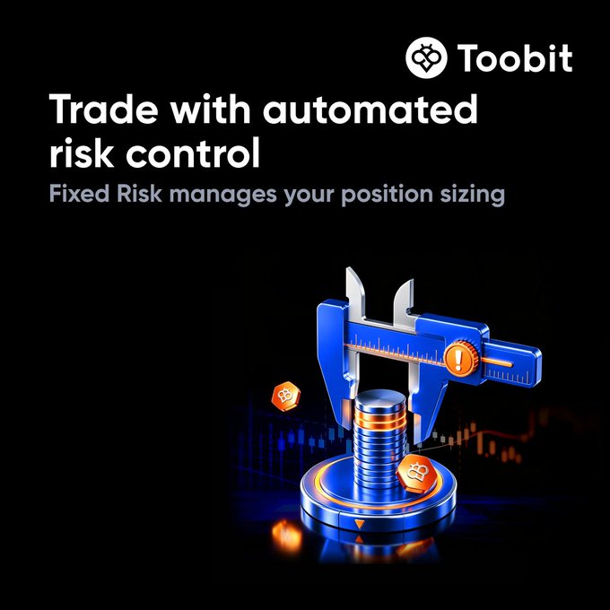 A promotional graphic for Toobit features a 3D blue caliper measuring a stack of golden Bitcoin coins against a dark background with faint candlestick charts, accompanied by the bold text "Trade with automated risk control" and "Fixed Risk manages your position sizing." The imagery visually reinforces the post's message about disciplined, automated position sizing, with the caliper symbolizing precise risk measurement and the Bitcoin coins representing the crypto trading context.