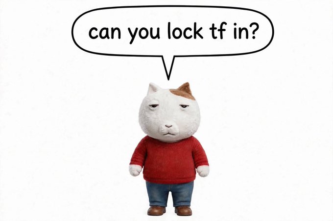 A figurine of a grumpy-looking white and orange cat wearing a red sweater and blue jeans stands below a speech bubble that asks "can you lock tf in?"