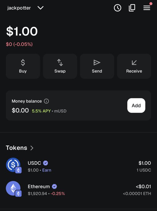 Screenshot of a cryptocurrency wallet app for account 'jackpotter' showing a balance of $1.00, with options to Buy, Swap, Send, and Receive, and token holdings including USDC and Ethereum.