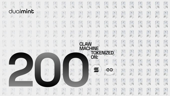 The image shows a promotional graphic for "Claw Machine Tokenized On:" featuring the number "200" prominently in bold black text, along with the Dualmint logo and a background pattern of claw machines, visually reinforcing the post's message about tokenizing 200 operating arcade claw machines into the $PLAY token backed by real lease cash flow.