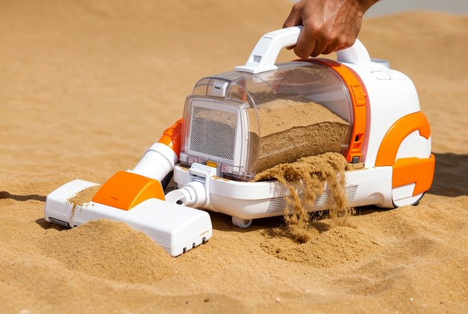 A vacuum cleaner sits on sandy terrain, sucking up sand as a person's hand grips the handle. The image plays on the joke, humorously suggesting vacuuming the desert instead of general maintenance.