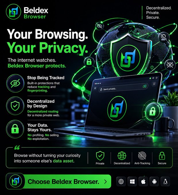 An advertisement for Beldex Browser displays the tagline "Your Browsing. Your Privacy." highlighting features like Decentralized routing, Anti-Tracking, and Secure browsing.