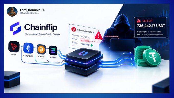 A promotional tweet from Lord_Dominic (@TweetbyDominic) about Chainflip Native Asset Cross-Chain Swaps, highlighting an exploit of 736,442.17 USDT across 8 attempts (6 successful) via TRON memo manipulation.